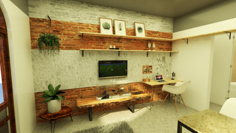 Parede descascada e pintada que traz rusticidade ao ambiente