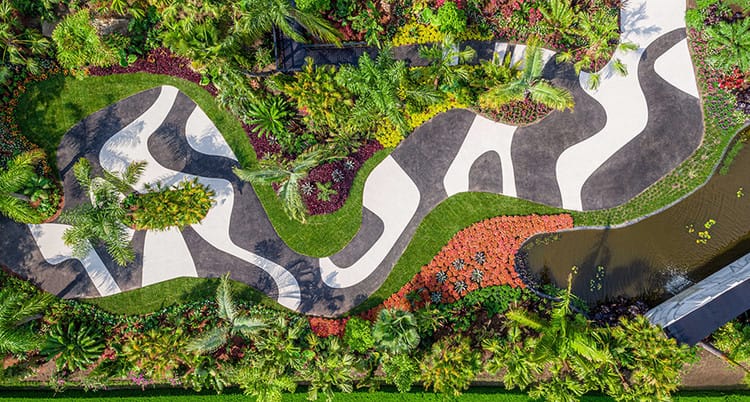 Caminho em jardim modernista de Burle Marx, vista aérea