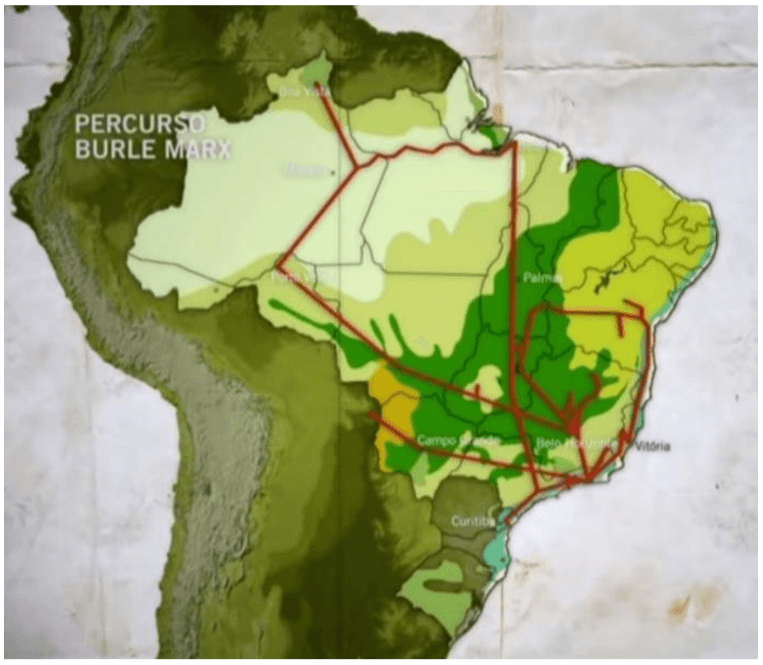 Mapa das excursões de Burle Marx para coleta de novas espécies