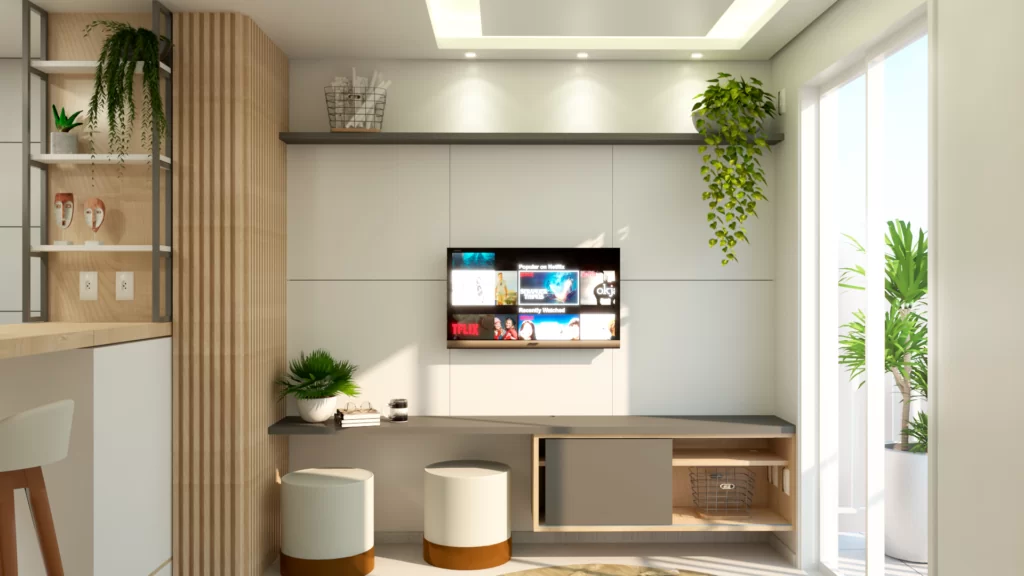 Sala de TV agradável e aconchegante, sem muitos móveis.