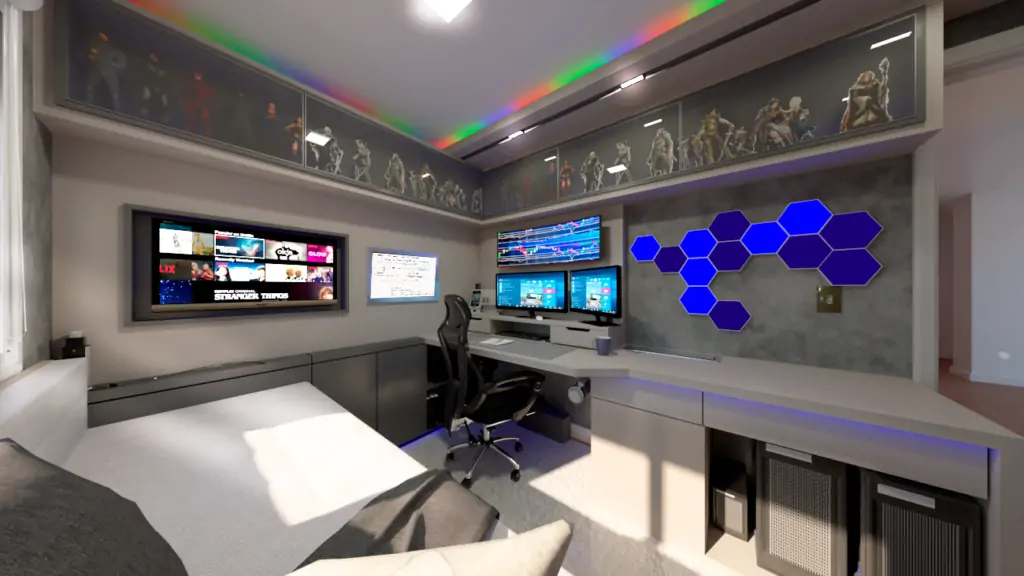 Quarto Office e Gamer é um coringa no uso do espaço. Tem hora de trabalho e hora de lazer!