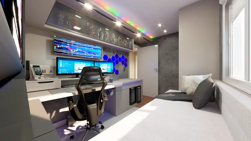 Quarto Office e Gamer é um coringa no uso do espaço. Tem hora de trabalho e hora de lazer!