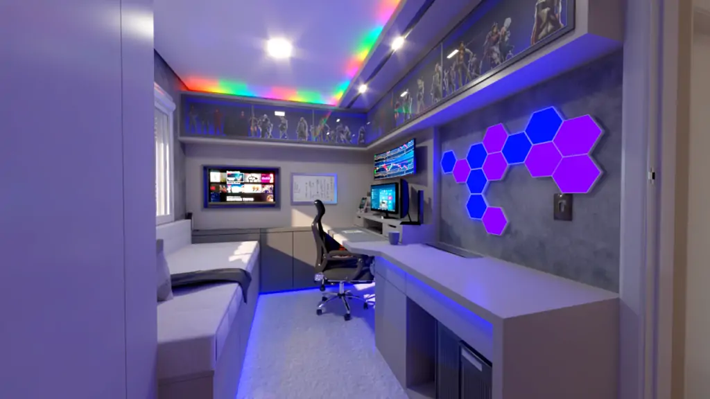 Quarto Office e Gamer é um coringa no uso do espaço. Tem hora de trabalho e hora de lazer!