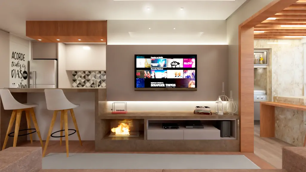 Painel de TV horizontal retroiluminado. Cuidado especial com o projeto luminotécnico em todo apartamento.