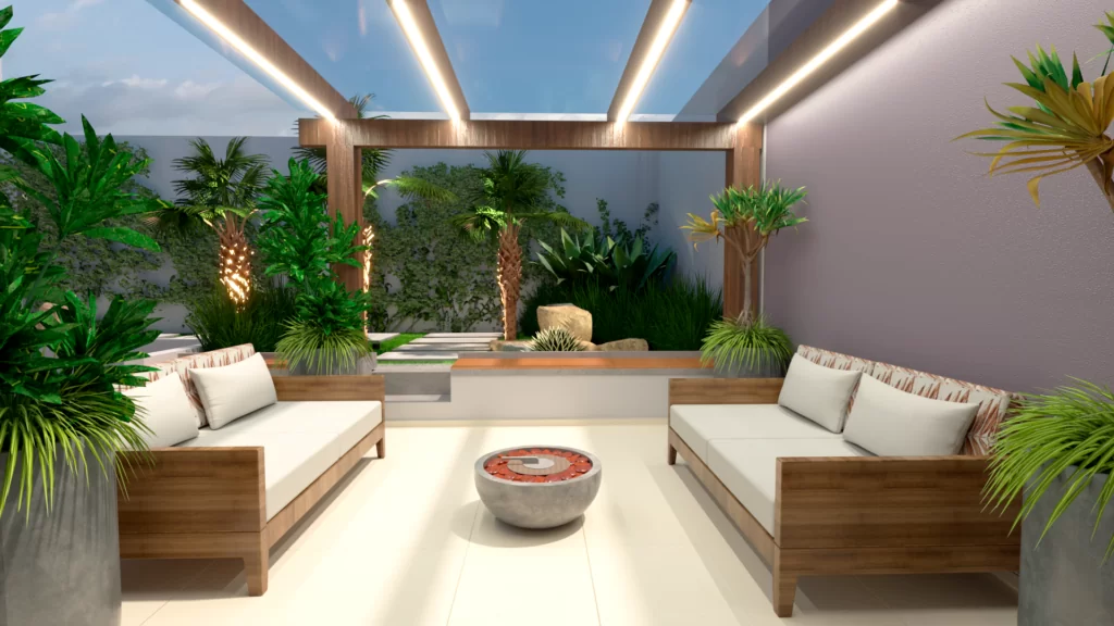 Móveis e lareira para proporcionar novos usos pra o espaço condominial.