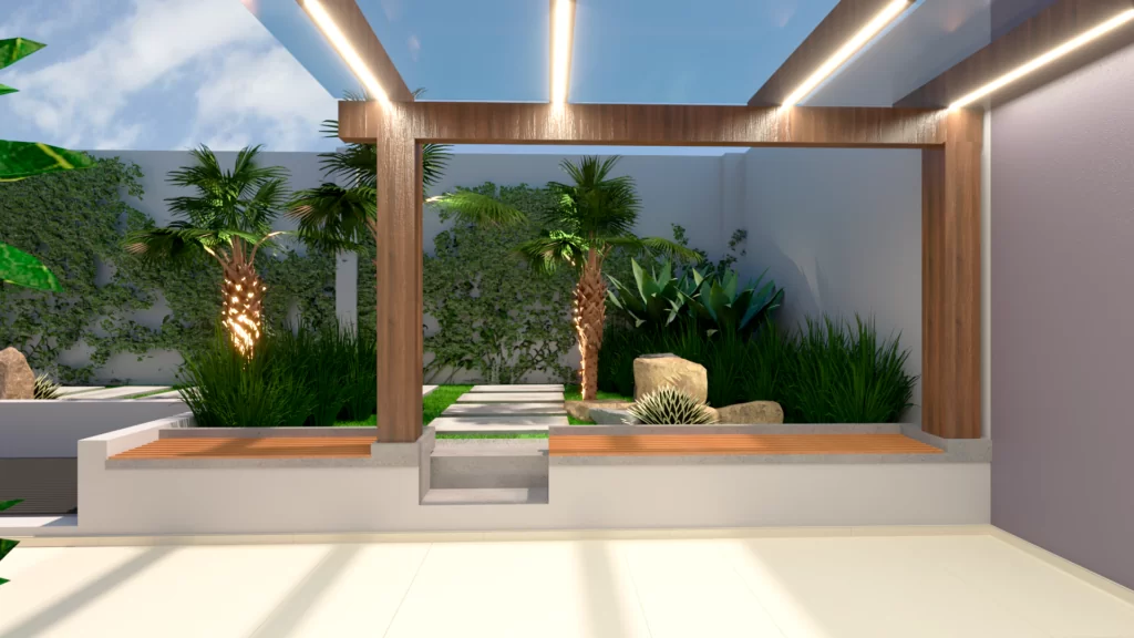 Banco feito na própria mureta com assento em madeira: muito mais conforto.