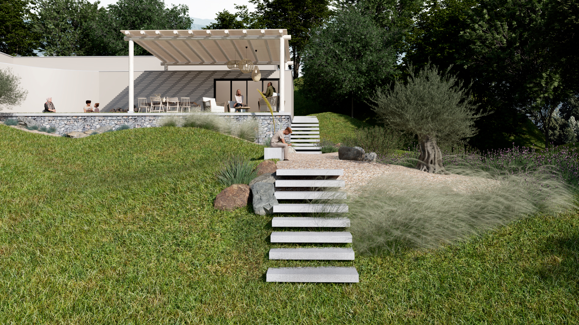 Escada e jardim de pedras