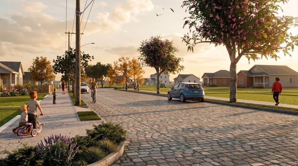 Rua de paralelepípedo arborizada no loteamento Novo Chuí 01