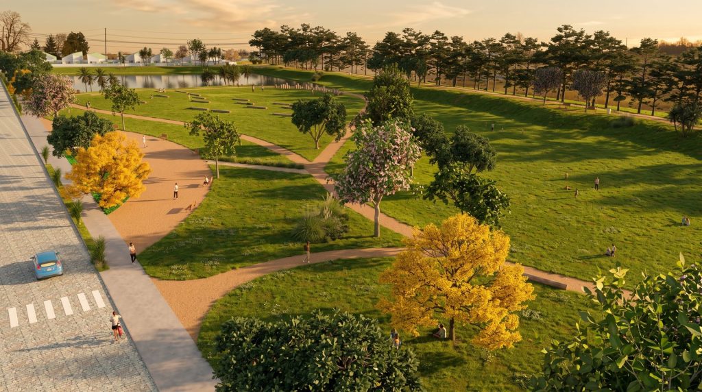 Vista aérea do parque do Novo Chuí 01 com caminhos e árvores floridas