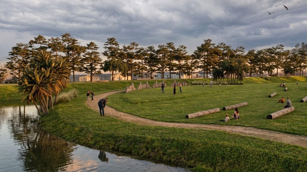 Caminho e troncos para sentar junto ao lago do parque do Novo Chuí 01