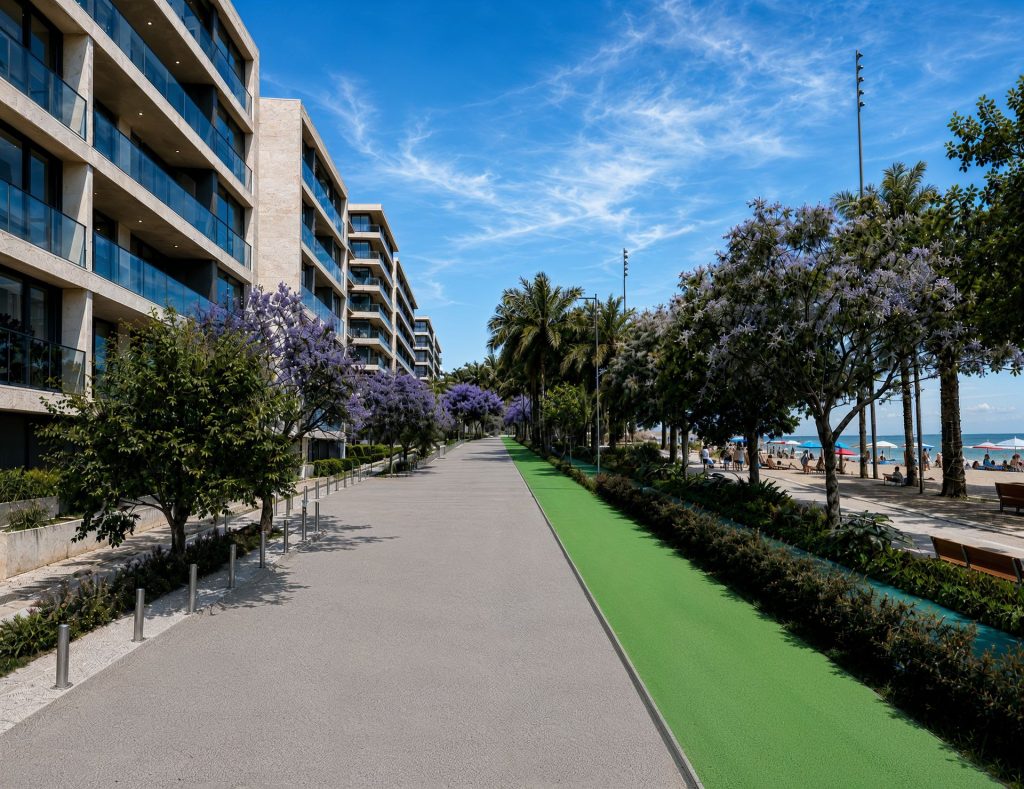 Passeio da orla de Itapema com ciclovia e jacarandás floridos