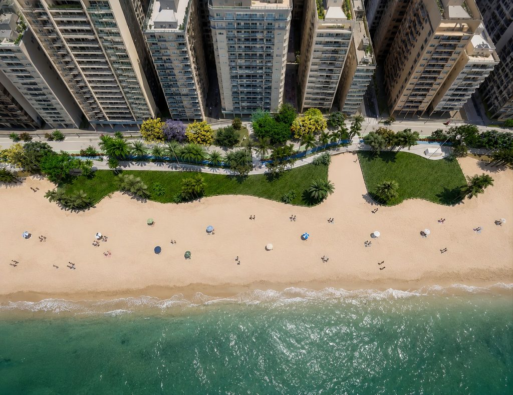 Vista aérea dos gramados e canteiros do parque linear da orla de Itapema