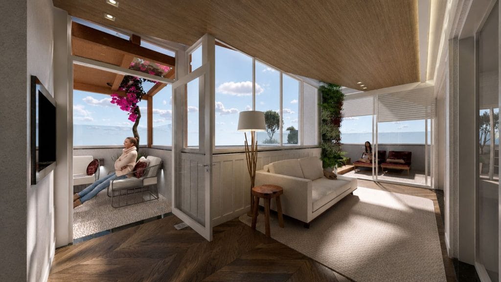 Sala integrada ao terraço com jardim vertical no Terraço VL