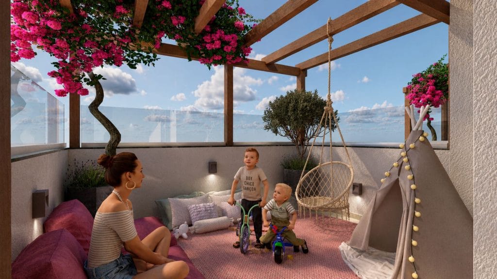 Área de estar com balanço, buganvília e oliveira no Terraço VL
