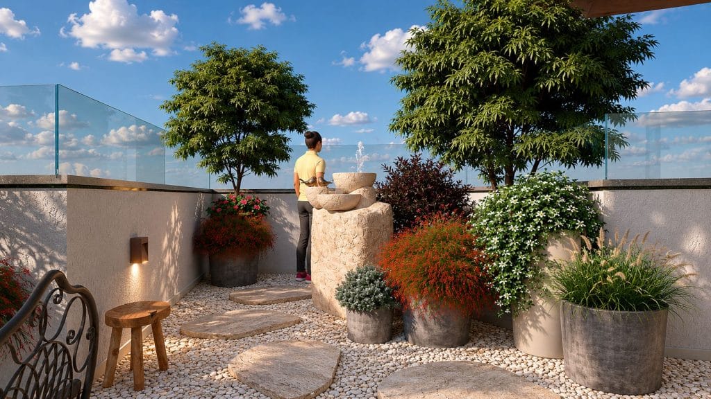 Jardim de vasos com pedras e fonte no Terraço VL