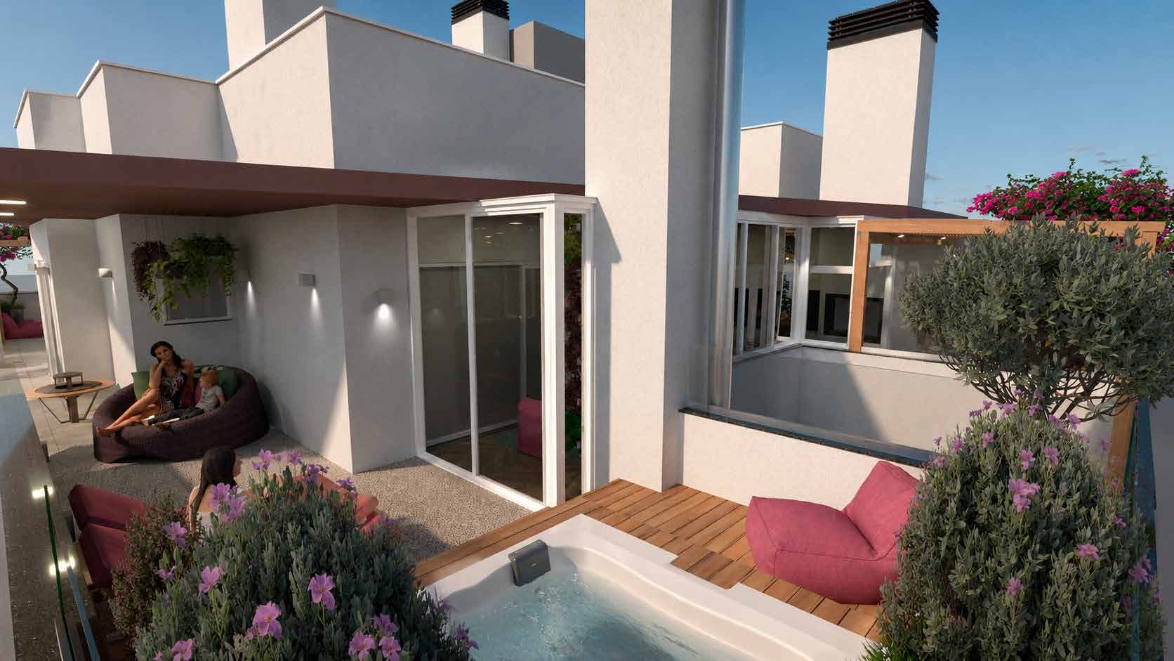 Terraço com piscina, pergolado e floreiras em Flores da Cunha