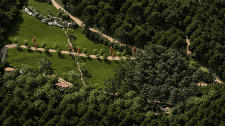 Vista aérea do sítio Sol à Vista com caminhos entre gramados e mata nativa em Nova Petrópolis
