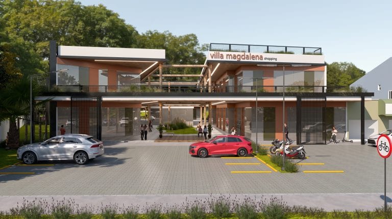 Fachada do Open Mall Magdalena com estacionamento de piso intertravado e pergolado de madeira