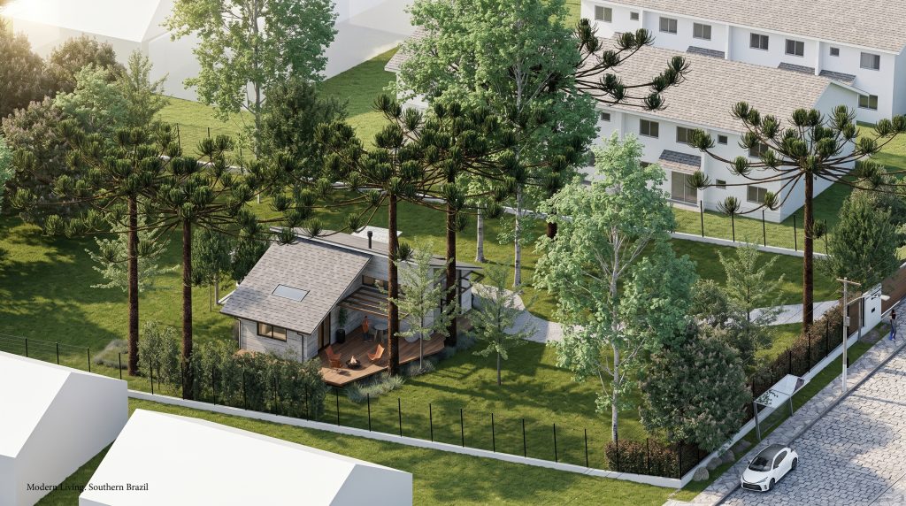 Vista aérea do terreno da Casa EV com bosque de araucárias