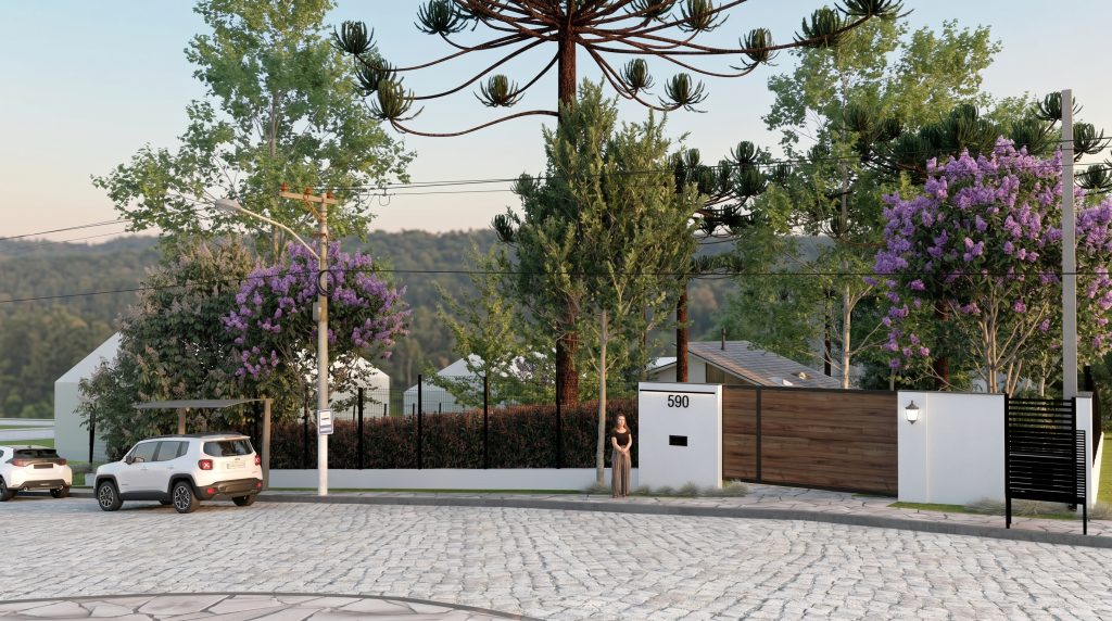 Acesso da Casa EV pela rua, com árvores floridas e portão de madeira