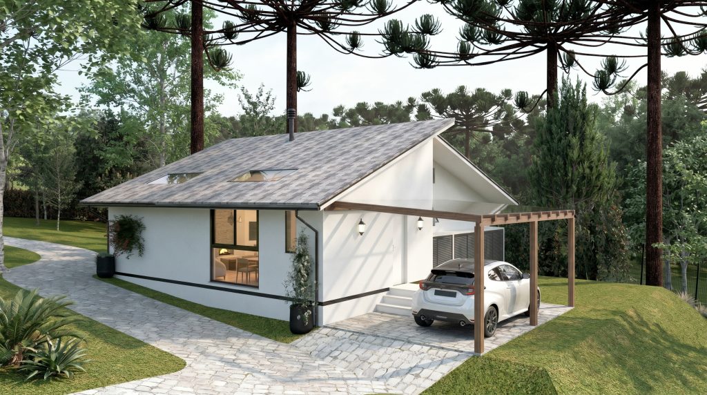 Casa EV com garagem sob pergolado e caminho de pedra