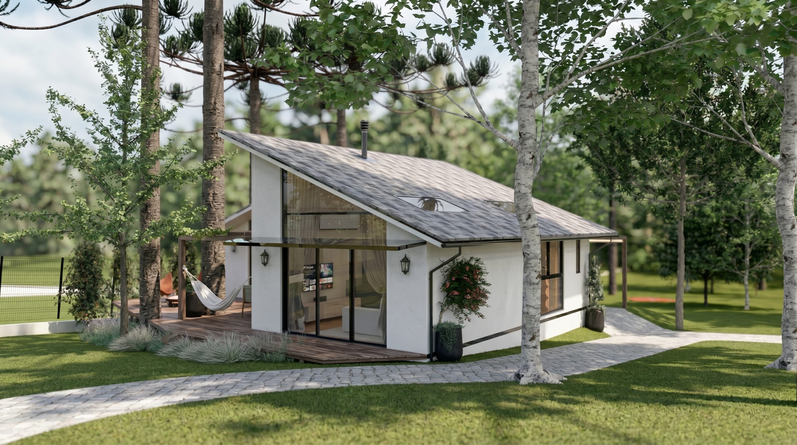 Casa EV com telhado inclinado entre araucárias, deck e caminho de pedra
